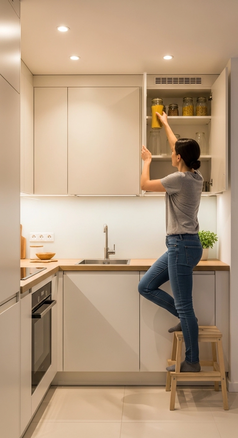 Tiny kitchen ideas with ceiling height cabinets increasing storage space.