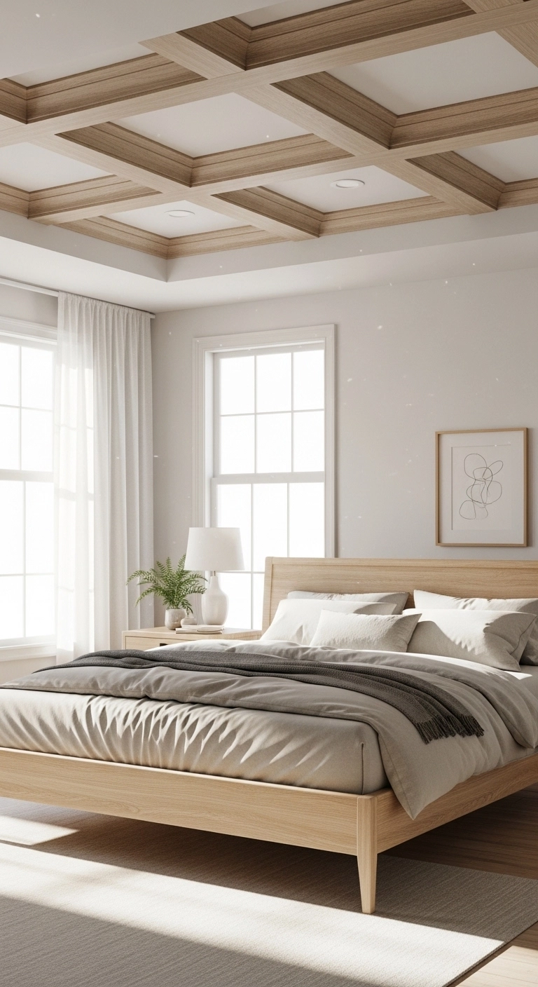 Bedroom interior featuring decorative ceiling treatments with light wood furniture.
