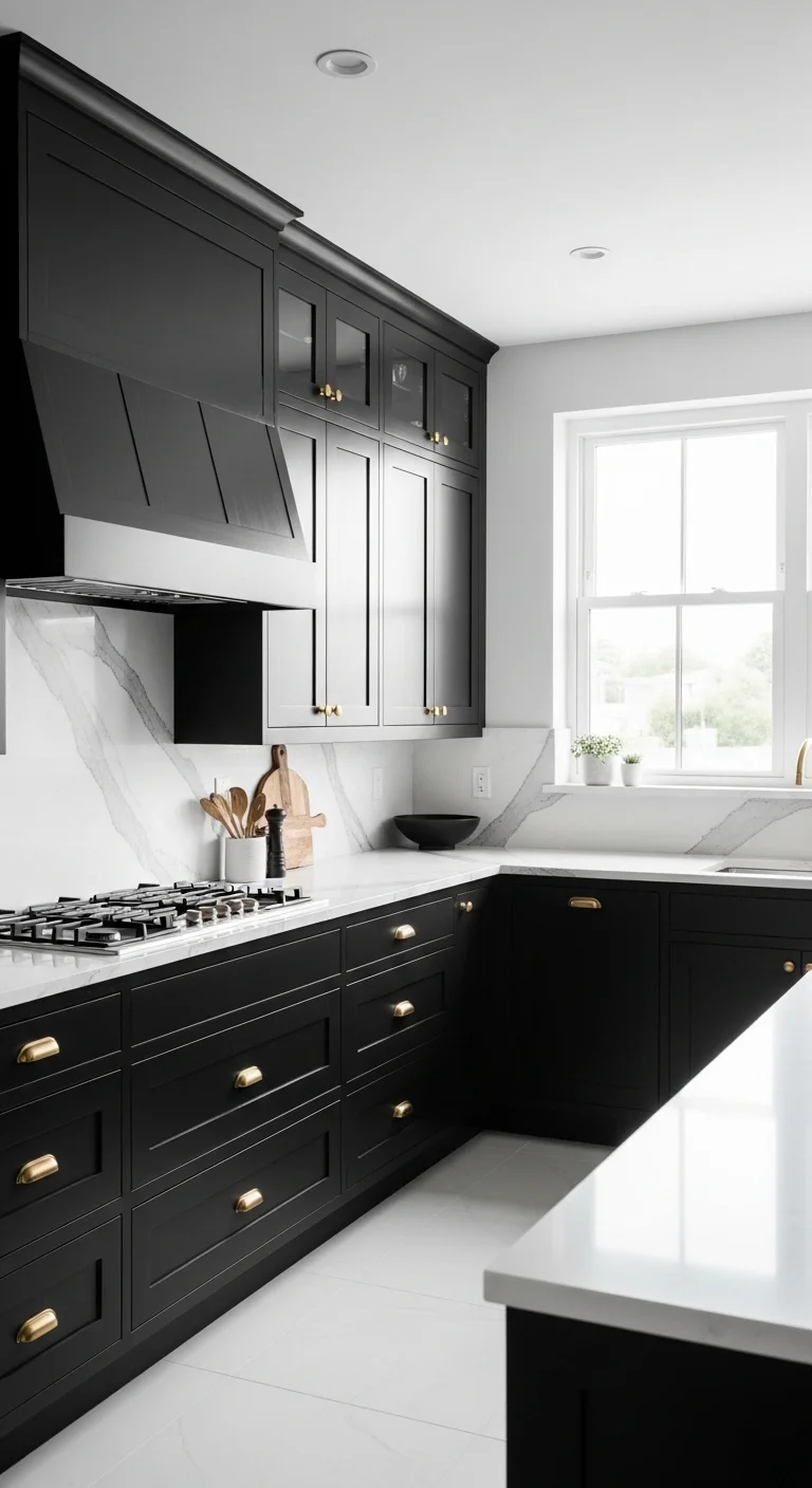 Modern kitchen with black cabinets and white countertops, black and white kitchen ideas