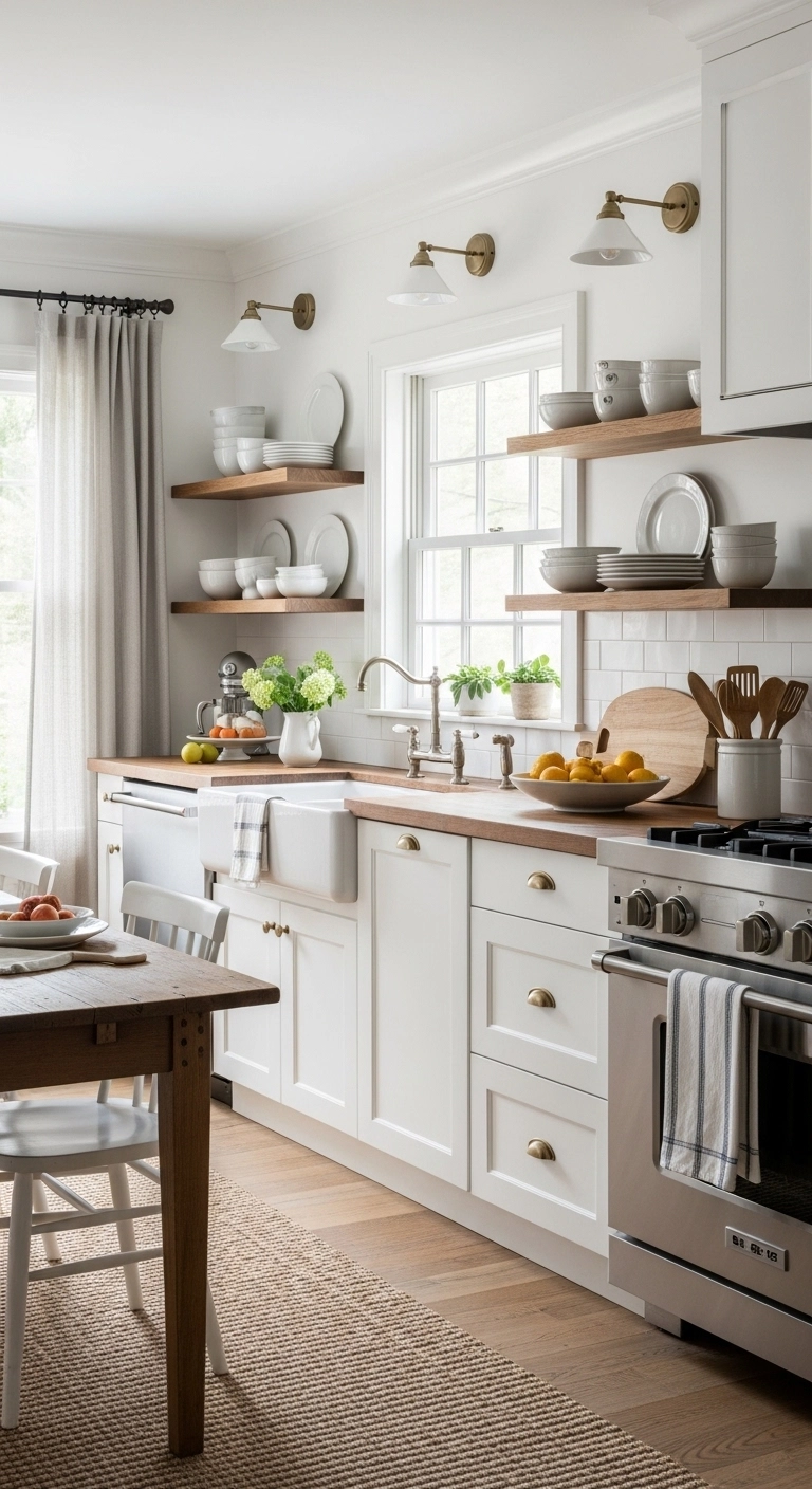 Classic white Shaker cabinets with brass hardware in a bright farmhouse kitchen showcasing timeless farmhouse kitchen ideas.