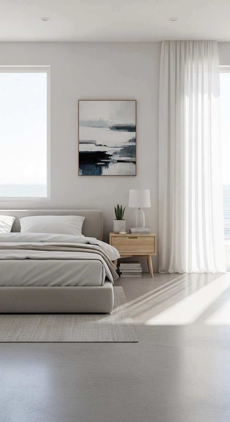 Beach bedroom ideas with clean airy space and minimal coastal decor