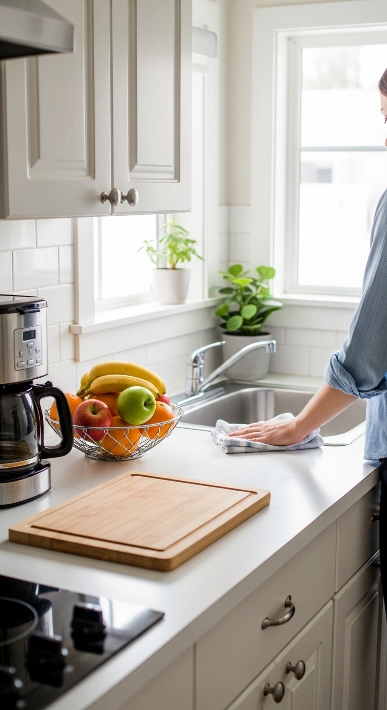 Tiny kitchen ideas with clean clutter free countertops.