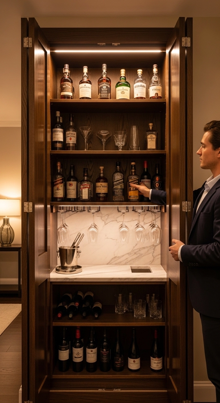 Closet converted into a drink station showcasing creative mini bar ideas.