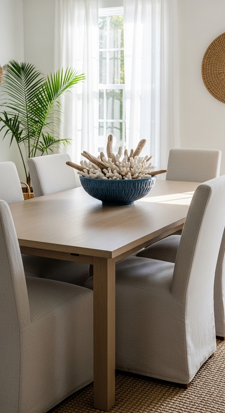 Beach house dining room with light wood table and a large bold coastal centerpiece