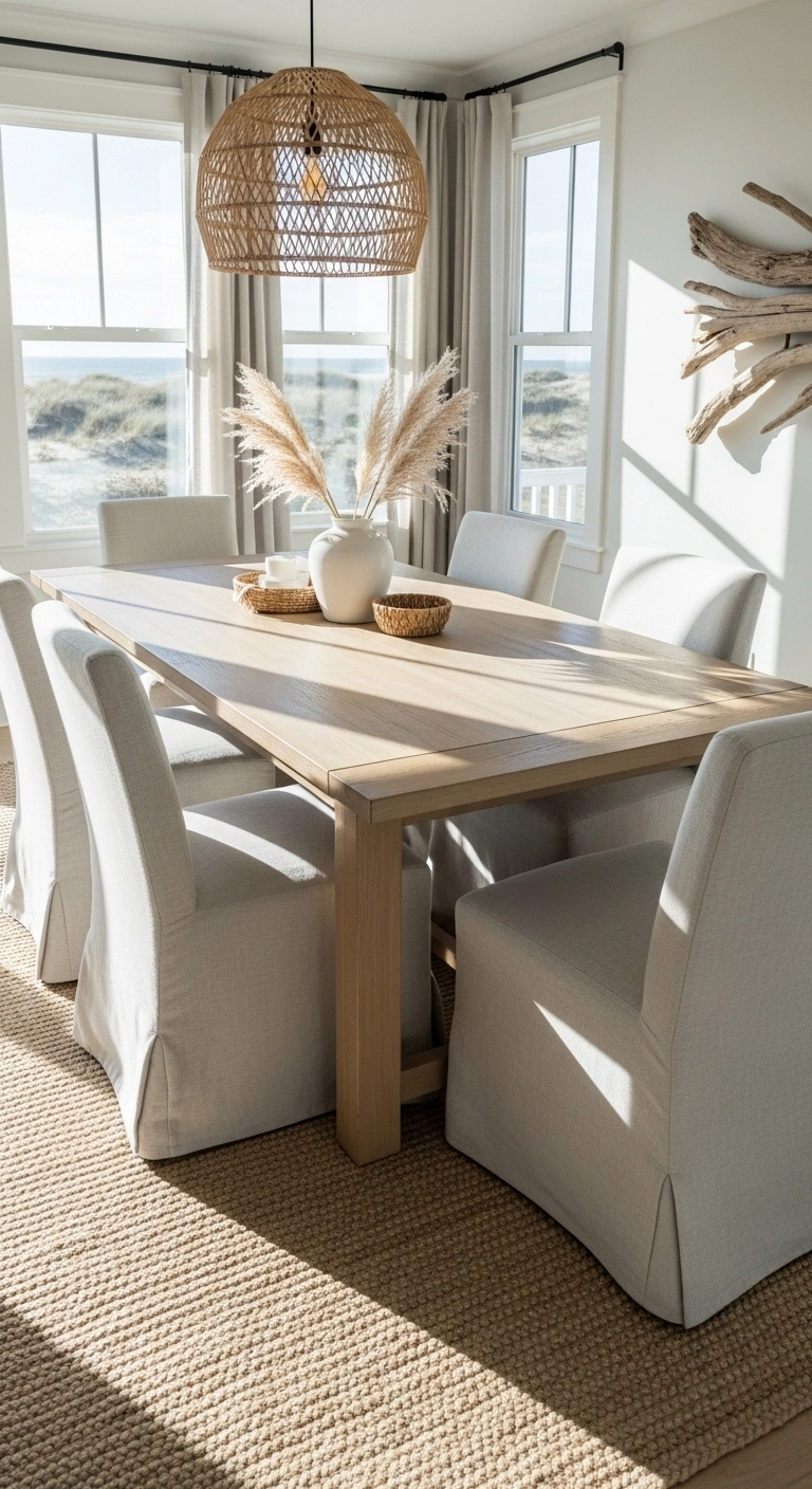 Beach house dining room with a light wood table and a flatweave jute coastal rug