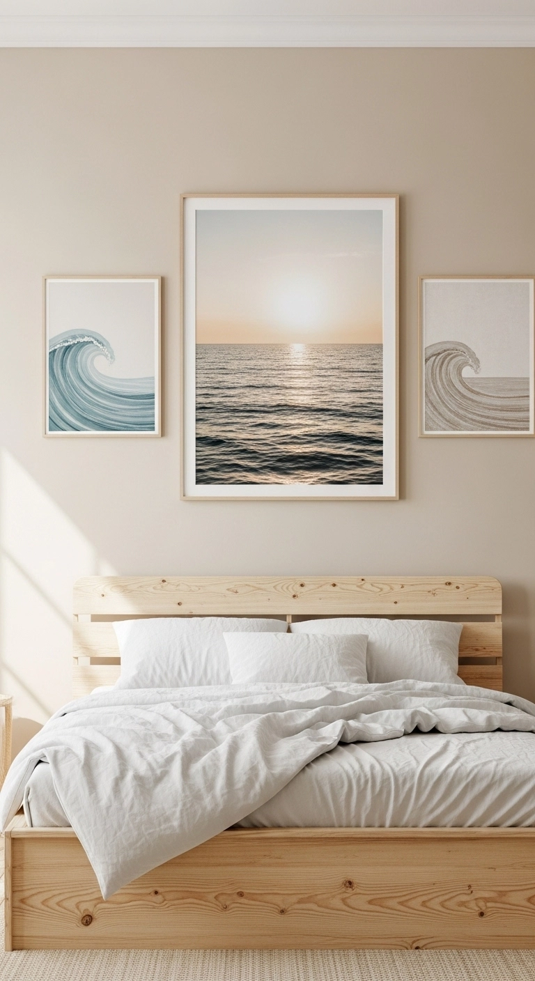 Beach bedroom ideas with coastal wall art including ocean photography and minimal wave prints