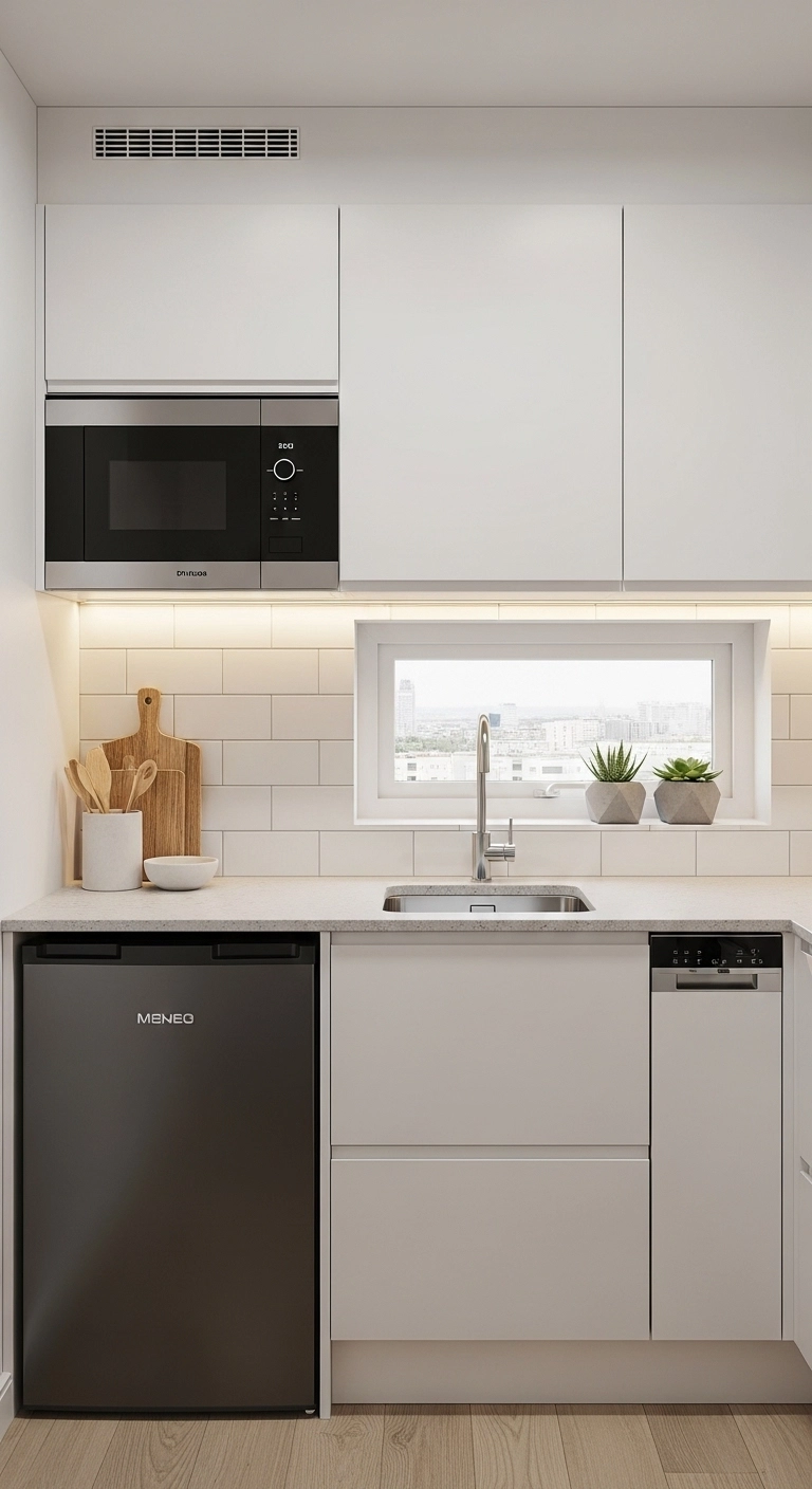 Small kitchen ideas with compact appliances saving space.