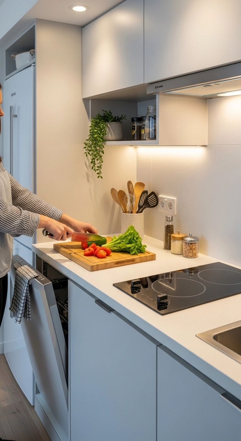 Tiny kitchen ideas with compact appliances like slim fridge and small cooktop in a modern kitchen.