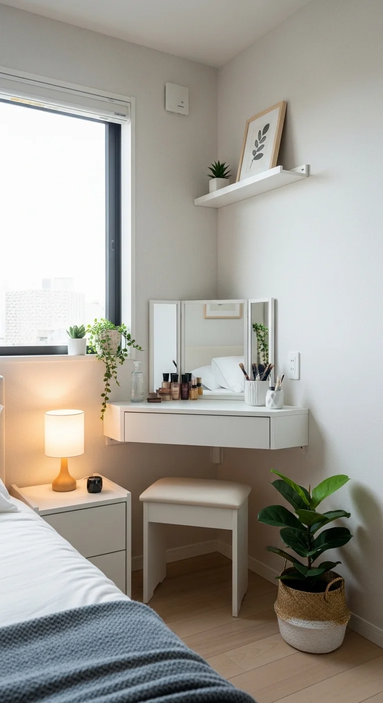 Small space bedroom vanity ideas with compact corner vanity and smart layout design