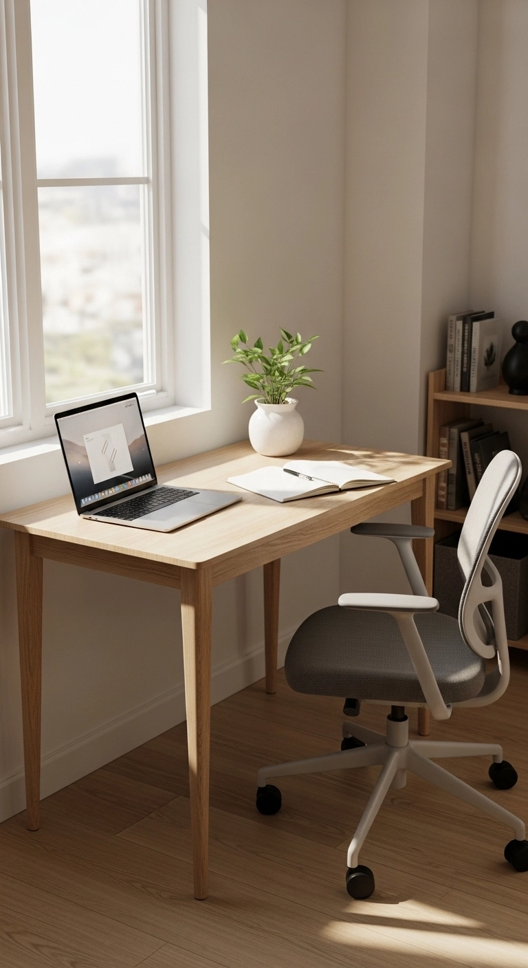 Small home office corner with a modern corner desk, laptop, chair, and natural lighting
