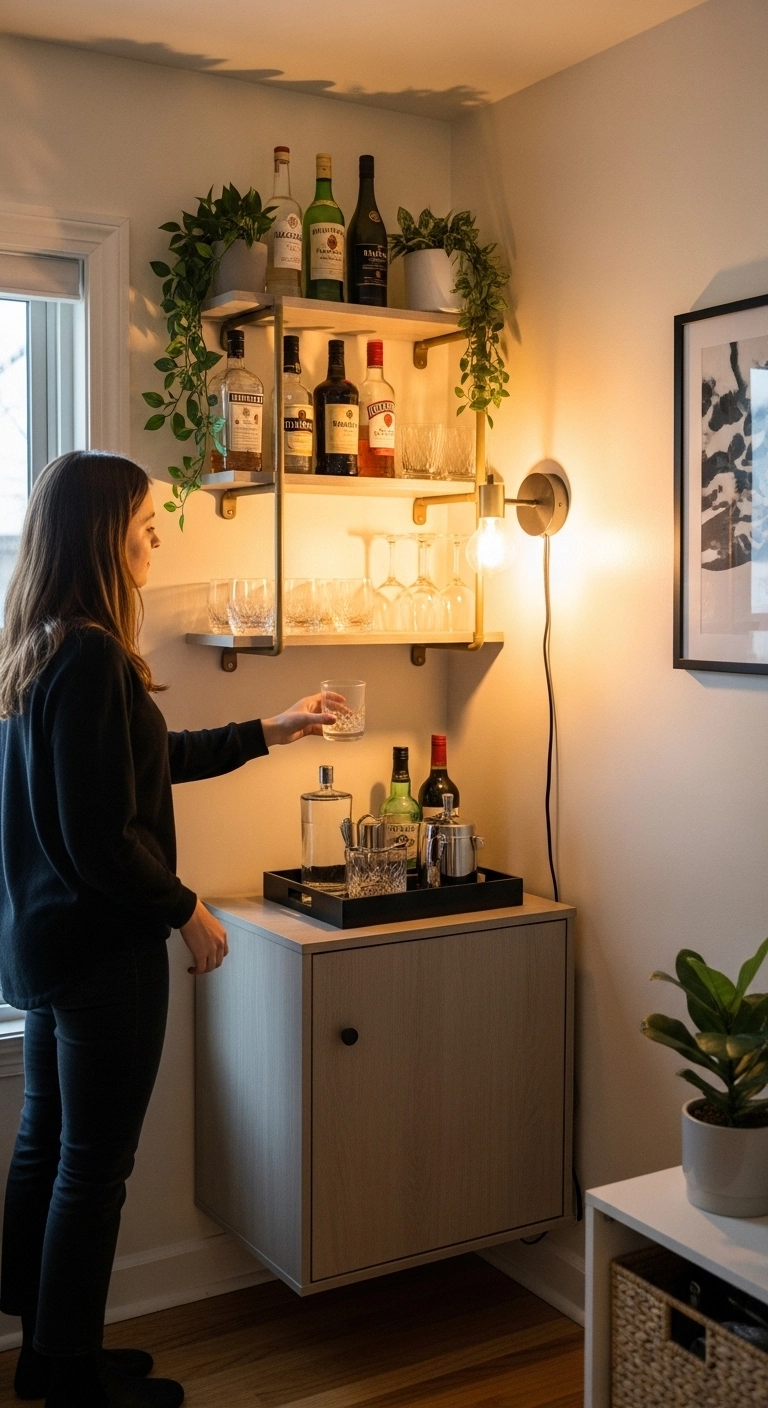 Compact corner bar setup with shelves and bottles representing space saving mini bar ideas.