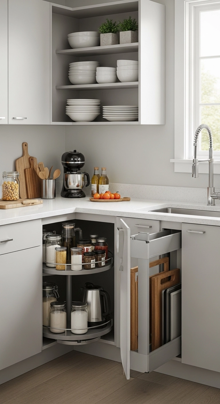 Small kitchen ideas using corner space with lazy Susan storage.