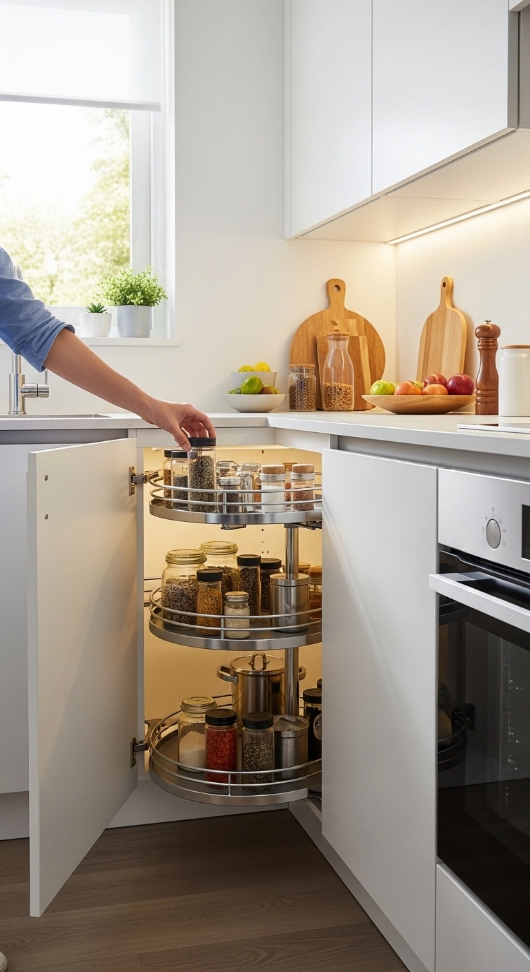 Tiny kitchen ideas with lazy Susan corner cabinet storage.