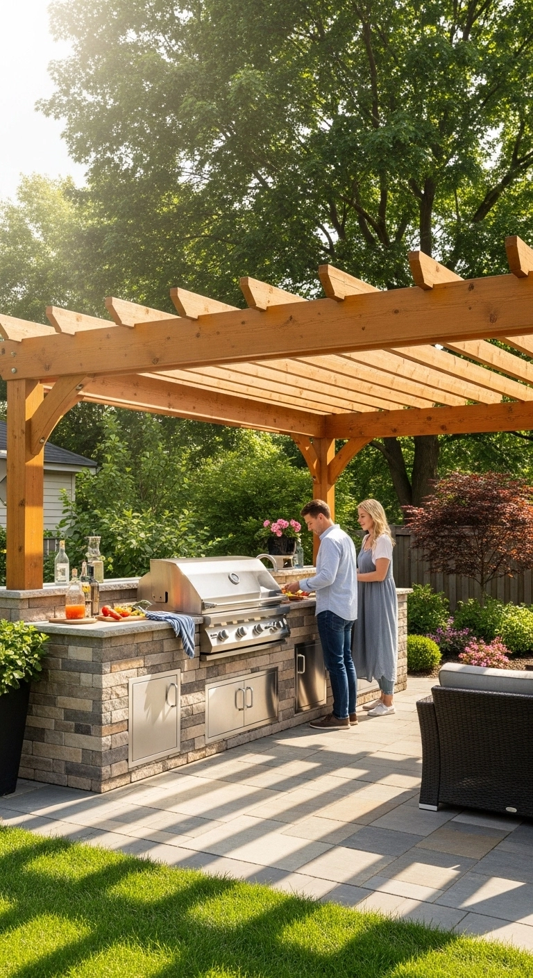 Covered outdoor kitchen under a wooden pergola showing practical outdoor kitchen ideas for weather protection.