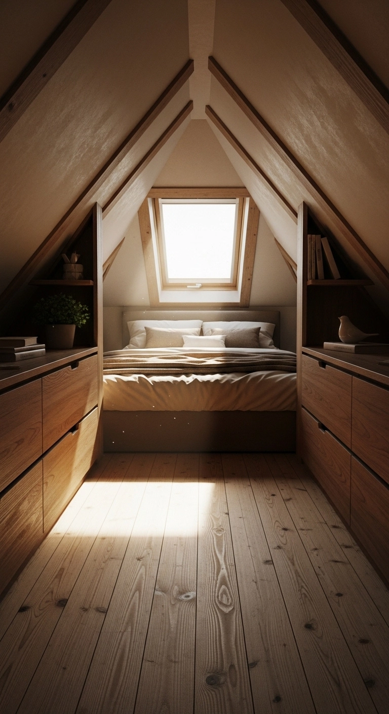 Attic bedroom with cozy built-in storage drawers, sloped ceilings, natural light, and tidy decor
