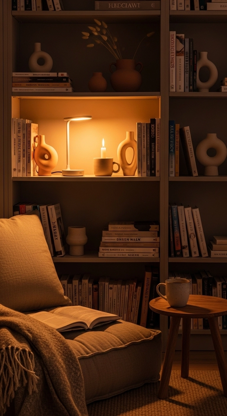 Bookshelf decor ideas with lamp and cozy glow