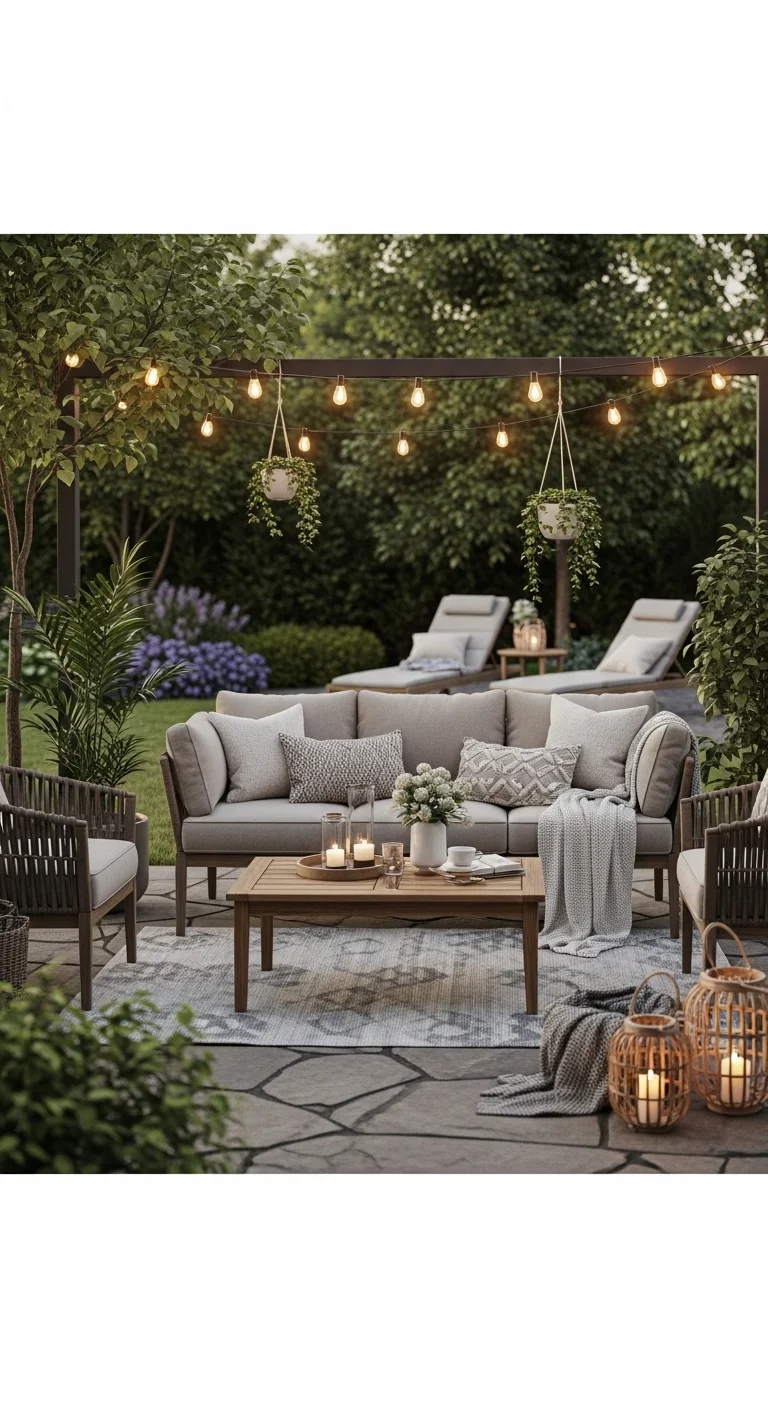 Cozy outdoor seating area with sofa and lounge chairs showing outdoor patio ideas that create a living room style patio space.