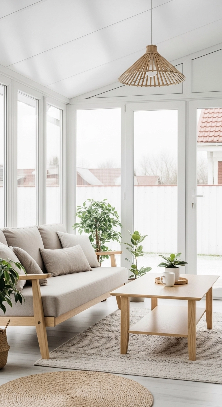 Cozy minimalist sun room ideas with neutral tones and simple modern furniture