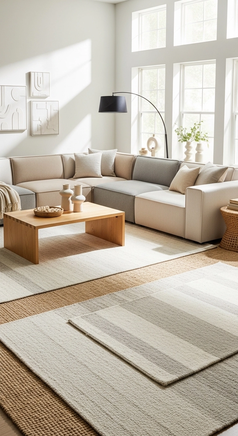 Aesthetic living room with cozy modular sectional sofa in neutral colors.