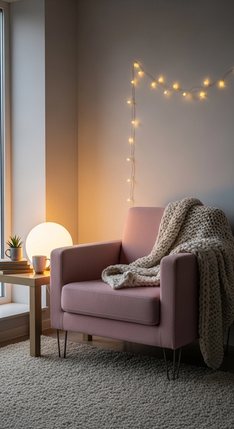 Pink living room ideas featuring a cozy pink reading corner