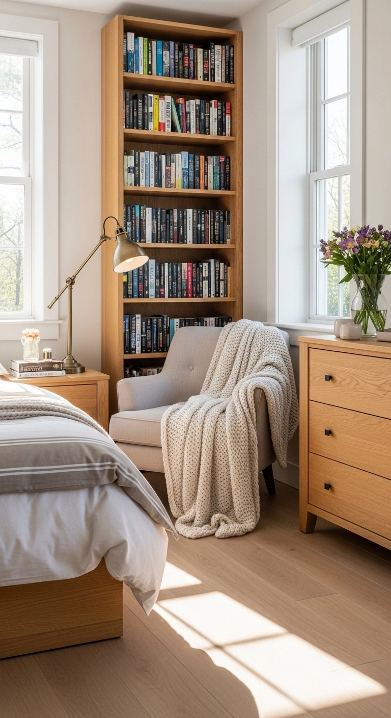 Bedroom interior with cozy reading nook, armchair, and bookshelf for comfort