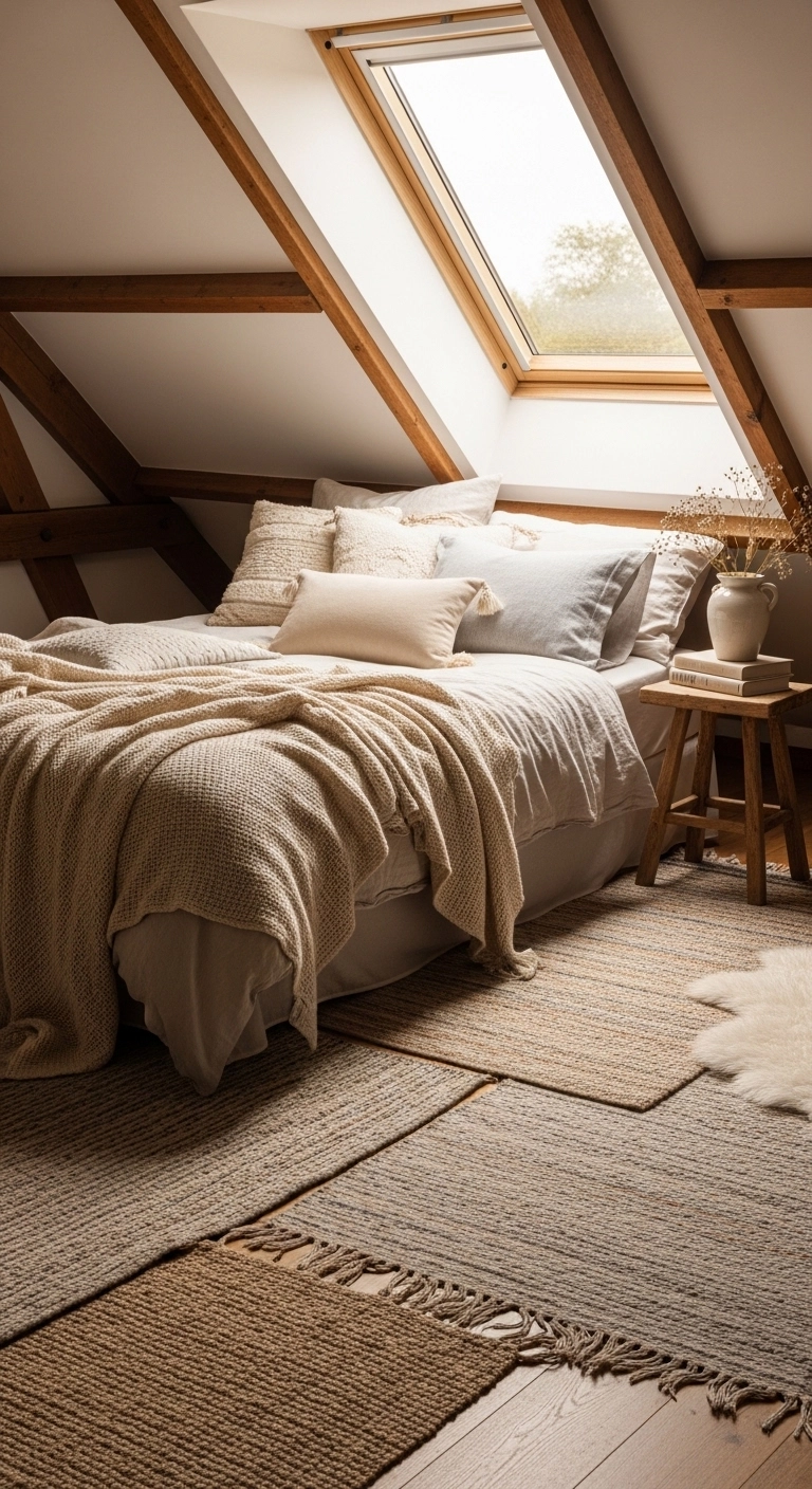 Cozy attic bedroom with layered rugs, throw blankets, pillows, and natural sunlight