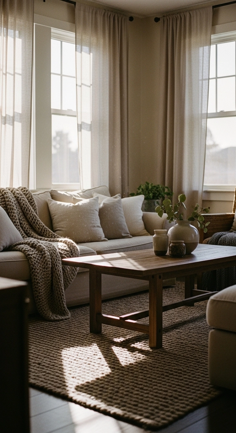 Cozy living room design with linen curtains softly filtering natural light.