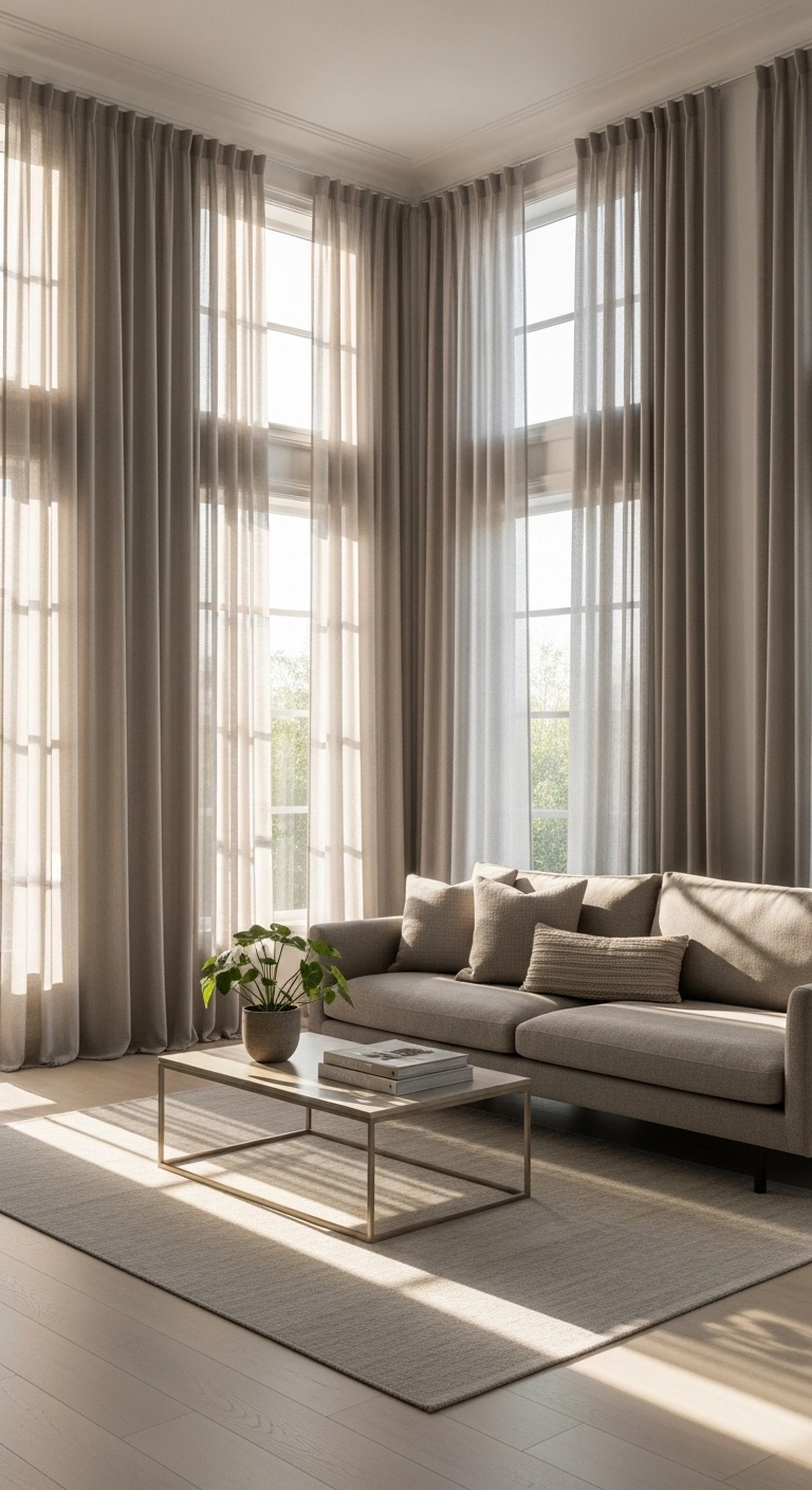 Interior design living room with long floor-to-ceiling curtains.