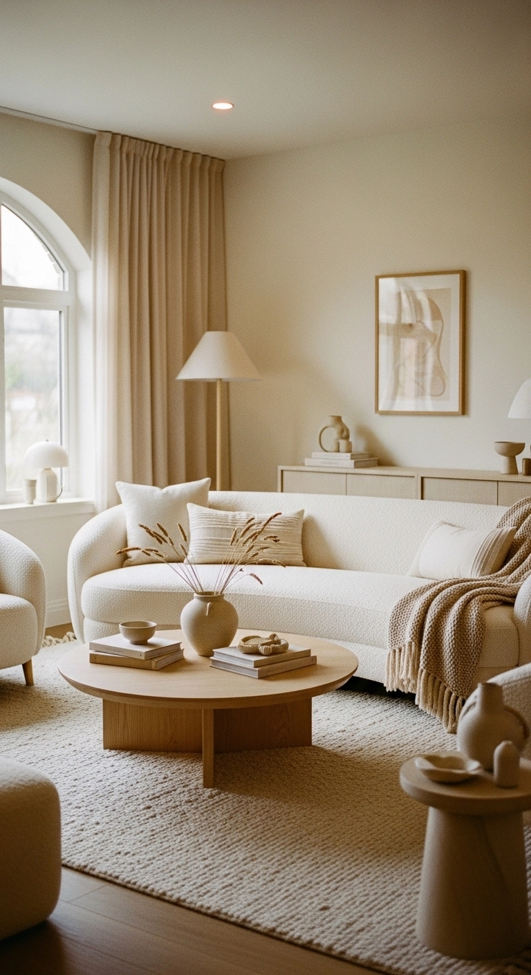 Cozy living room design with curved sofa and round coffee table.