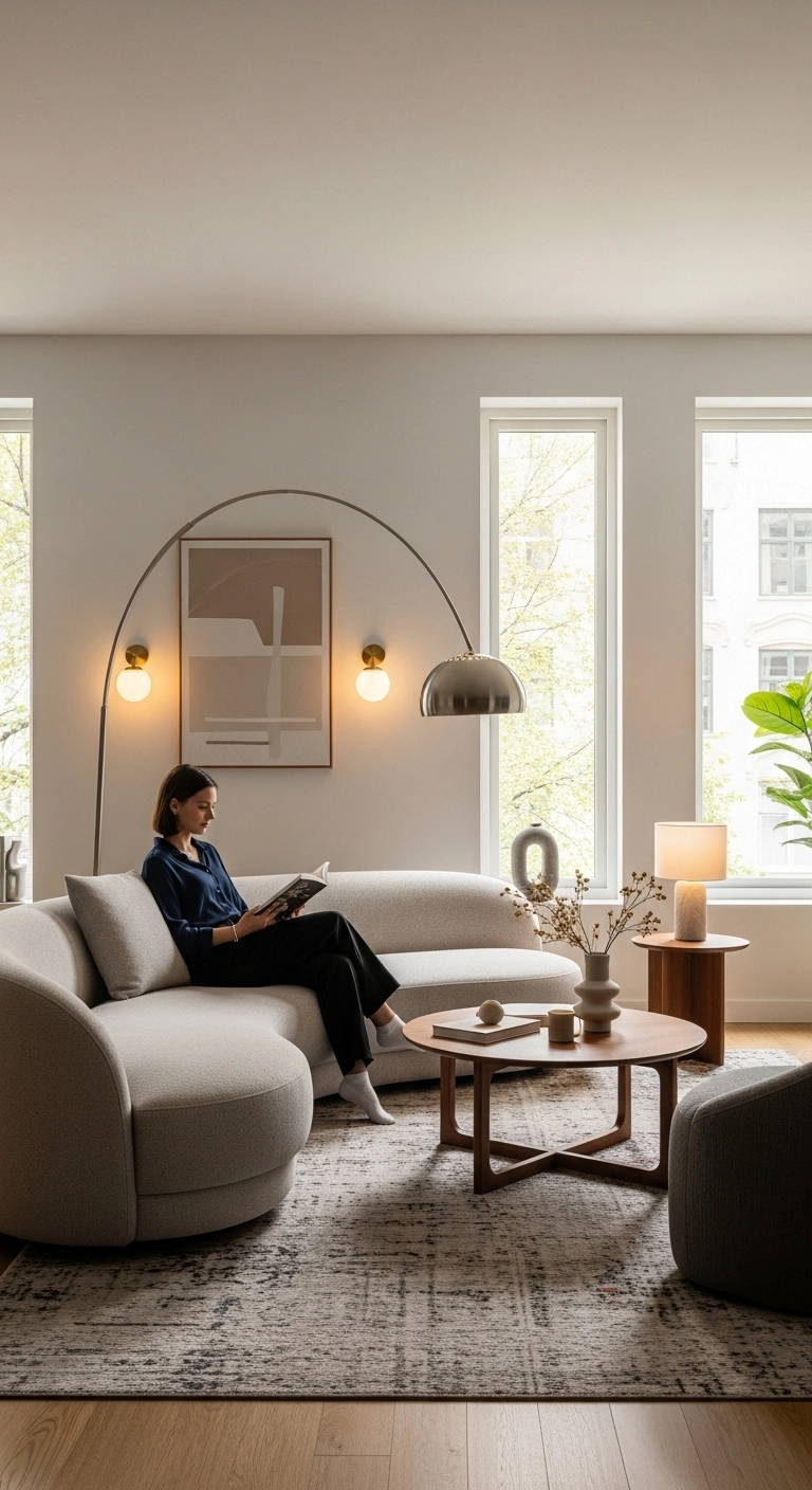 Interior design living room with curved sofa, round coffee table, and arched floor lamp creating a modern relaxing space.