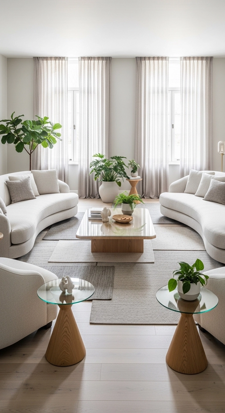 Modern aesthetic living room with curved sofas and armchairs in neutral tones.
