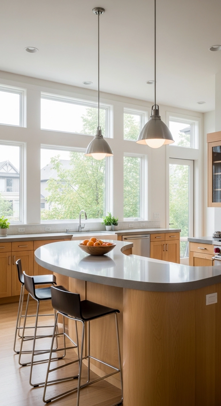 Curved kitchen island with bar stools in a modern open kitchen showcasing stylish kitchen island ideas.