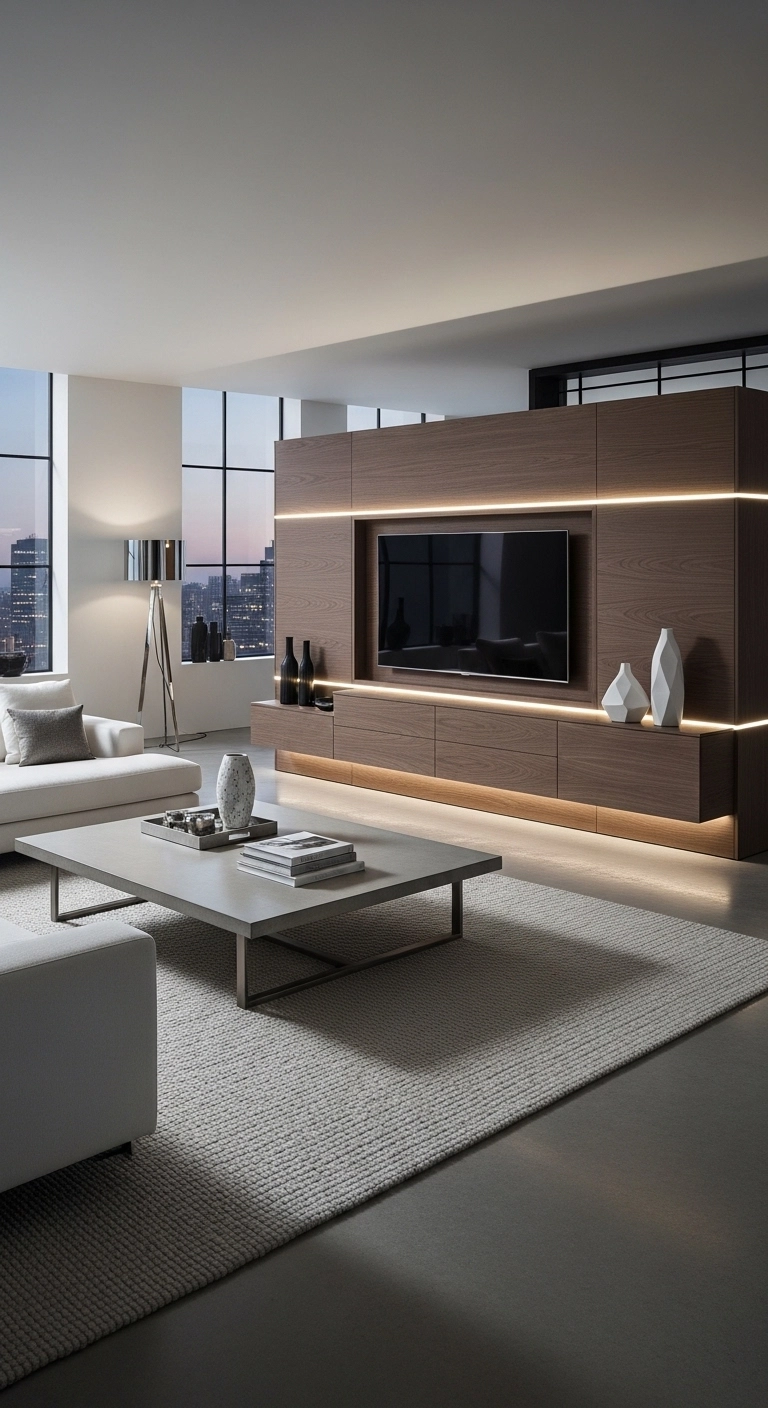 TV Table Ideas showing a custom built-in TV table in a polished living room