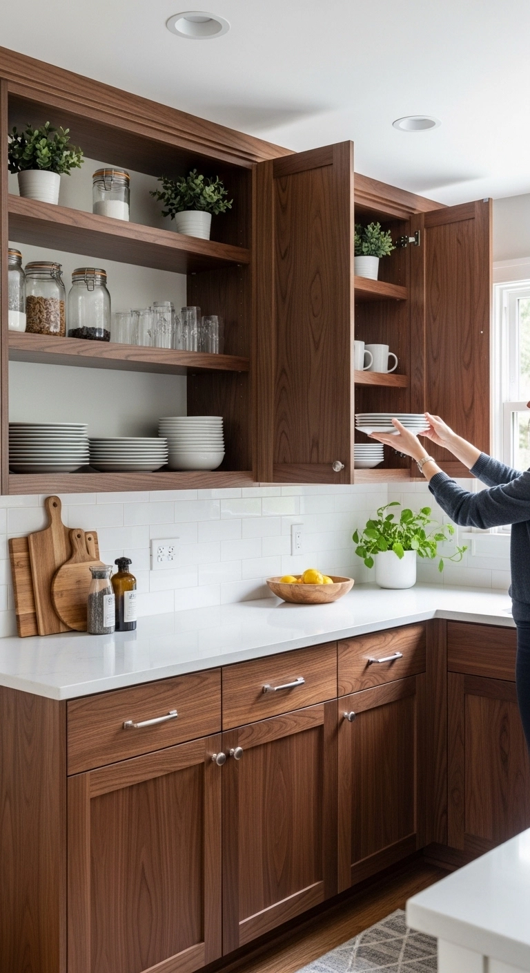 Kitchen with open shelving and dark wood cabinets presenting modern dark wood kitchen cabinets ideas.
