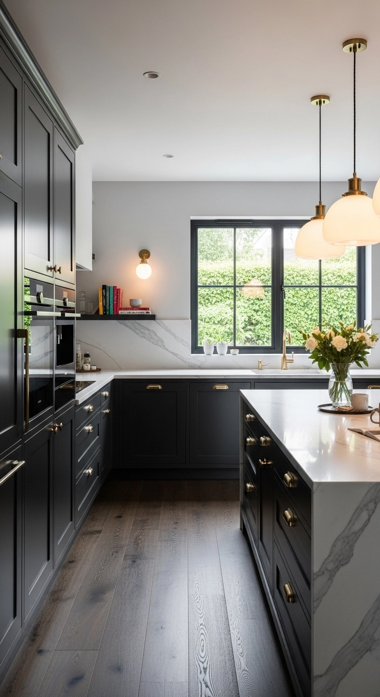 Elegant kitchen with dark kitchen cabinets ideas featuring matte black cabinetry and marble countertops.