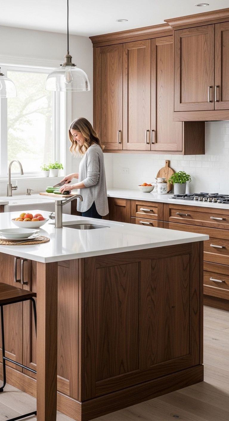 Modern kitchen with dark walnut cabinets and white quartz countertops showing stylish dark wood kitchen cabinets ideas.