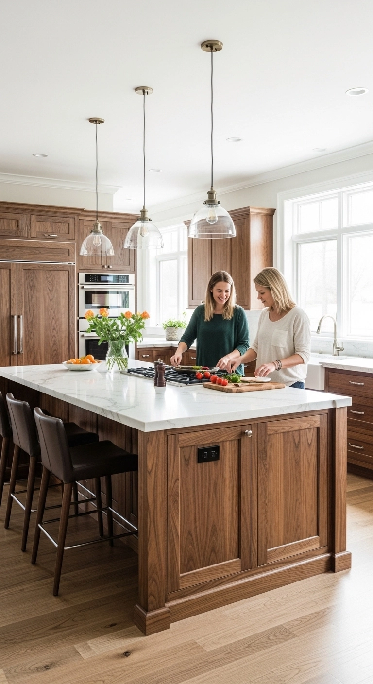 Modern kitchen island with dark wood cabinets showing popular dark wood kitchen cabinets ideas.