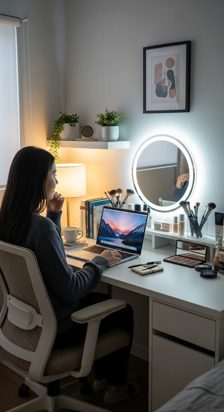 Dual-purpose bedroom vanity ideas with desk and makeup setup in a modern bedroom