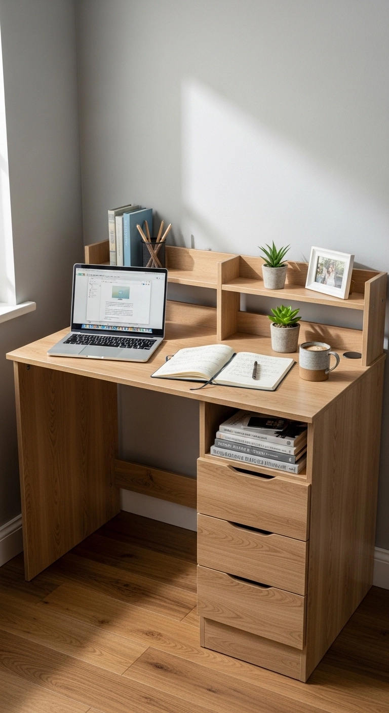 Small home office desk with built-in storage, laptop, and tidy organization