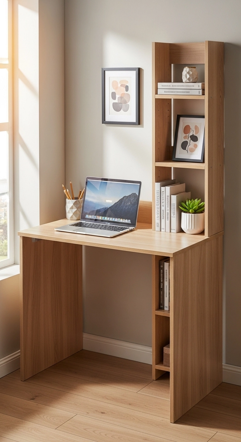Small desk with vertical shelving in a home office with laptop, books, and decor