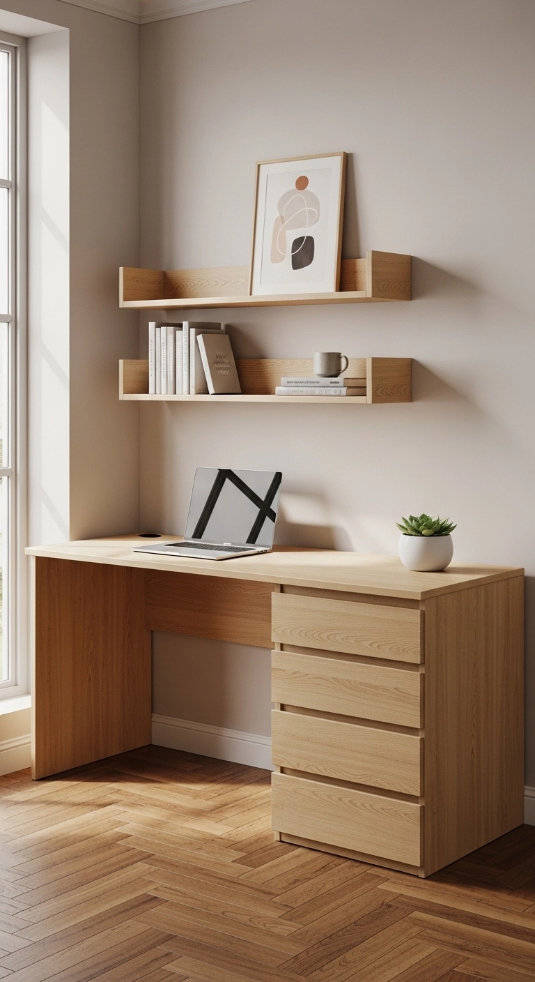 Small dual-purpose desk in home office with laptop, shelves, and natural lighting