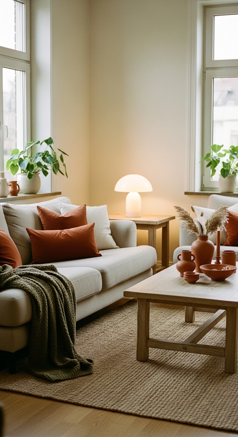 Cozy living room design with earthy color accents like rust pillows and olive green decor.