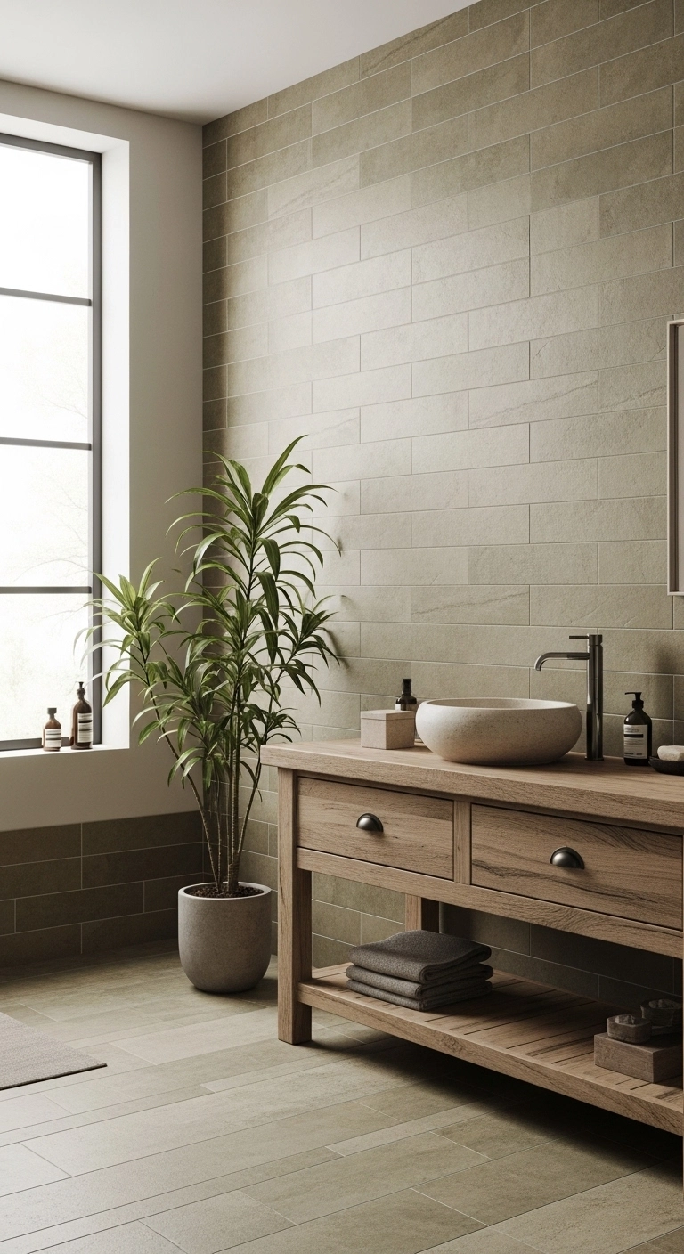 Earthy tone bathroom tile design with beige and green tiles for a natural spa look