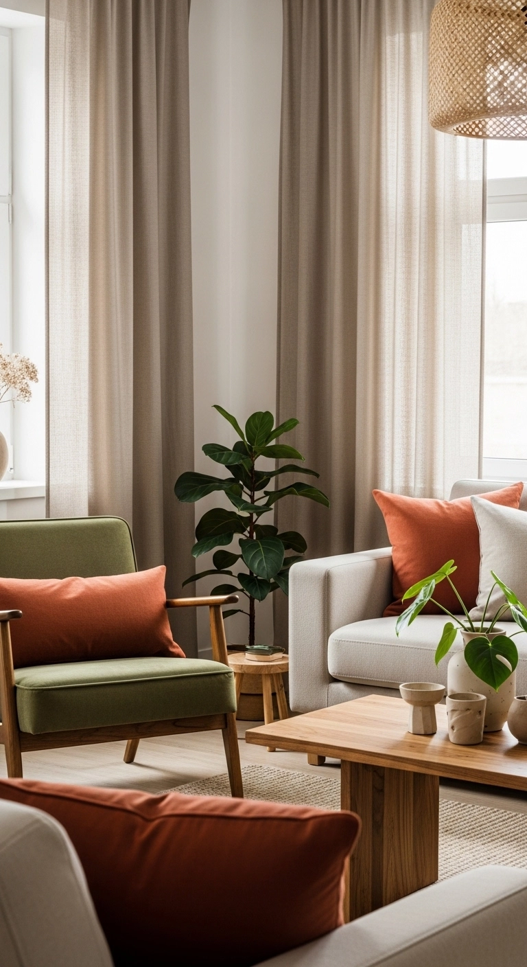 Interior design living room with earthy colors including terracotta, olive green, and warm beige tones.