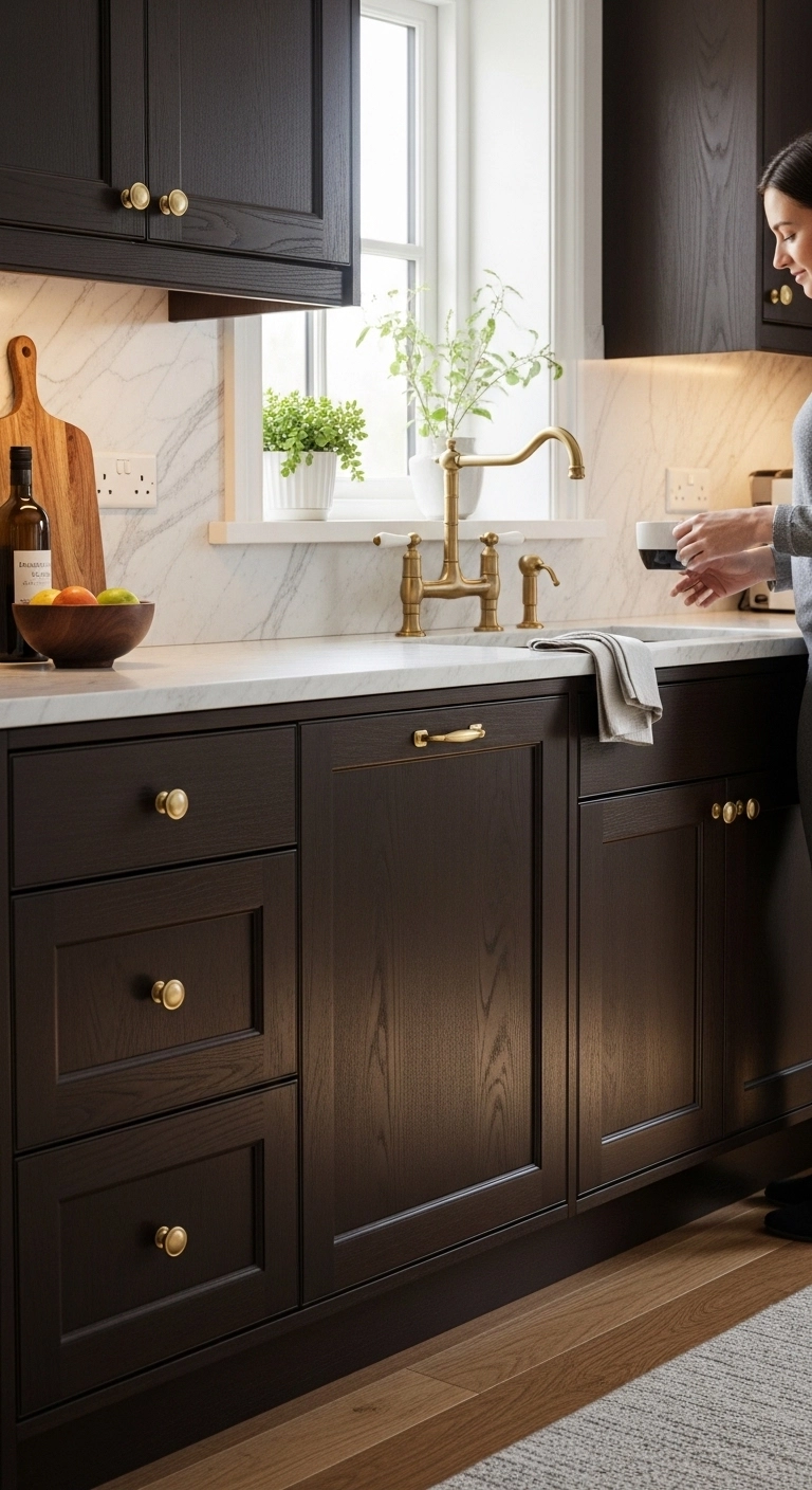 Espresso cabinets with brass handles showing elegant dark wood kitchen cabinets ideas.