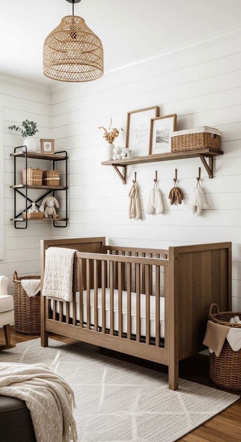 farmhouse baby nursery ideas for boys with wooden crib shiplap walls and rustic decor