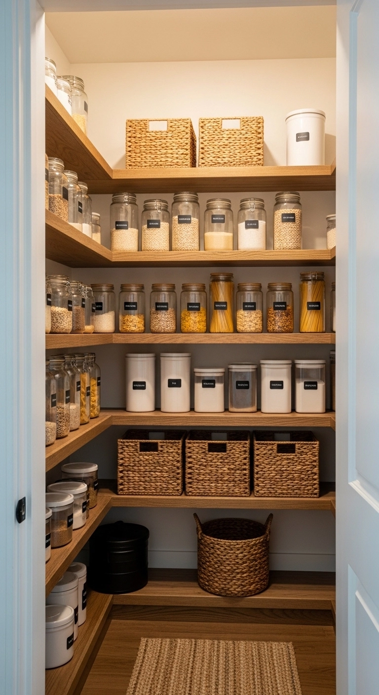 Organized farmhouse pantry with wood shelves, jars, and baskets representing smart farmhouse kitchen ideas.