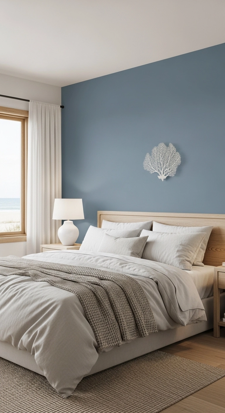 Beach bedroom ideas with soft blue feature wall and calm coastal decor