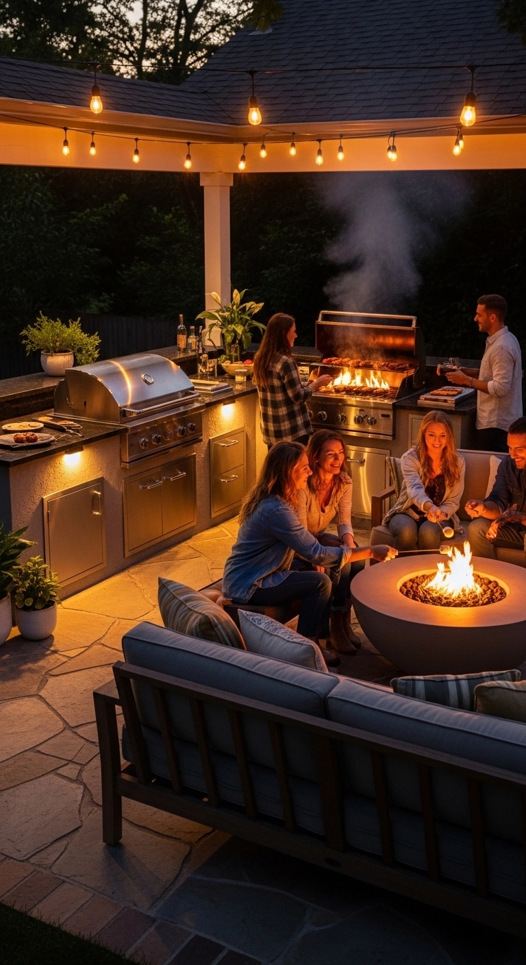 Outdoor kitchen and fire pit seating area demonstrating cozy outdoor kitchen ideas.