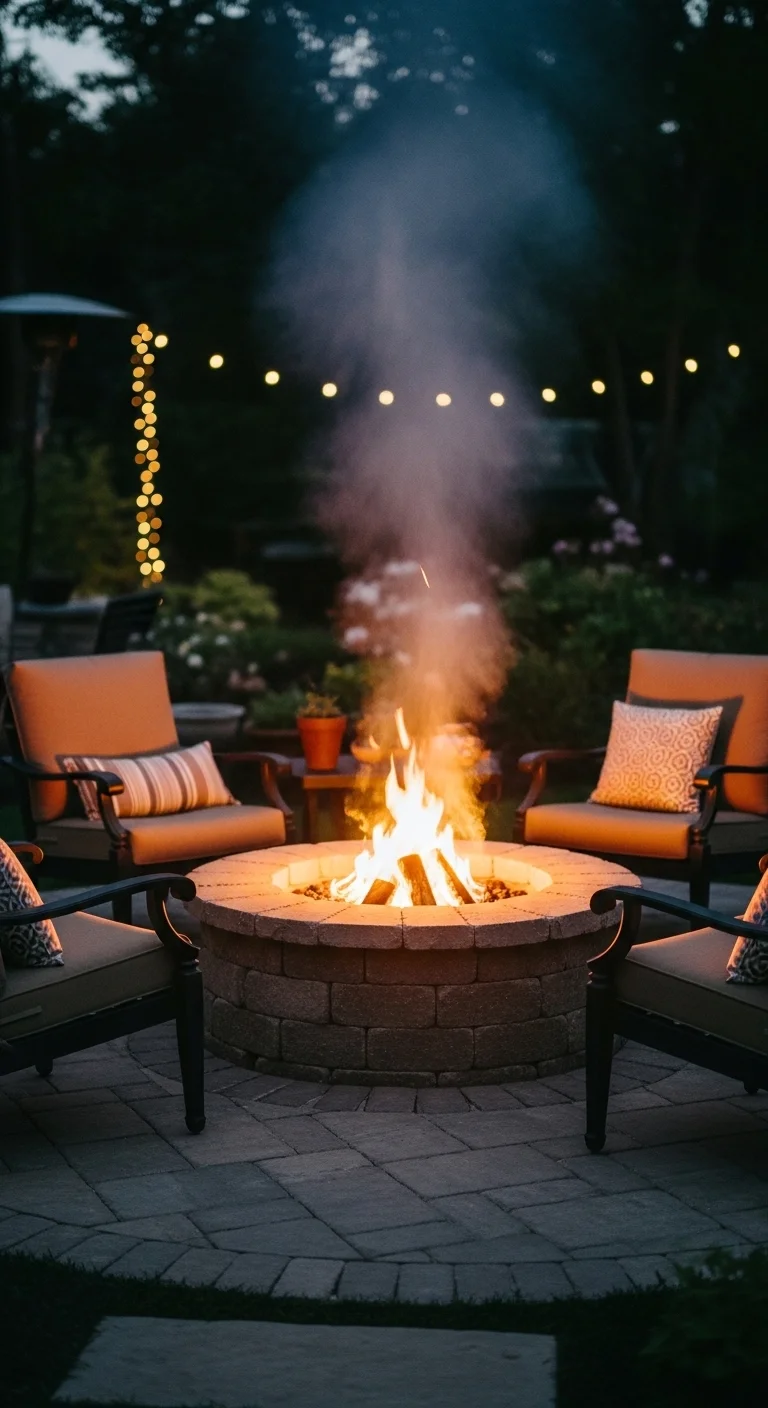 Stone fire pit seating area creating cozy outdoor patio ideas for relaxing backyard evenings.